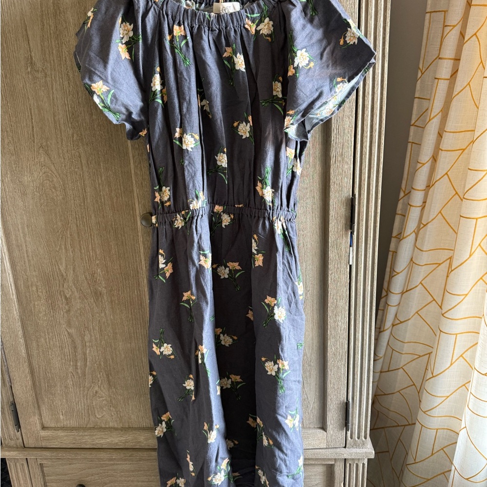 LOFT Blue-Gray Floral Print Maxi with Flutter Sleeves